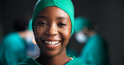 Buy stock photo Portrait, surgeon and happy woman in emergency room for medical career, wellness and about us. Face, healthcare professional and doctor with confidence, surgery expert and physician in hospital