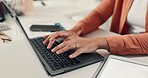Hands, business and person with laptop in office for research, editor feedback and review article. Journalist, typing and pc for proofreading, copywriting report and information for news publication