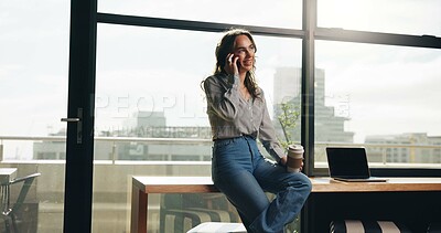 Buy stock photo Woman, coffee and phone call with discussion in office for article info, source interview and chat. Publishing agency, journalist and speaking to contact for appointment schedule and story feedback