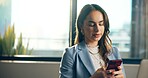 Phone, typing and businesswoman in office with networking, communication or contact for finance. Corporate, technology and female financial advisor with cellphone for email on mobile app in workplace