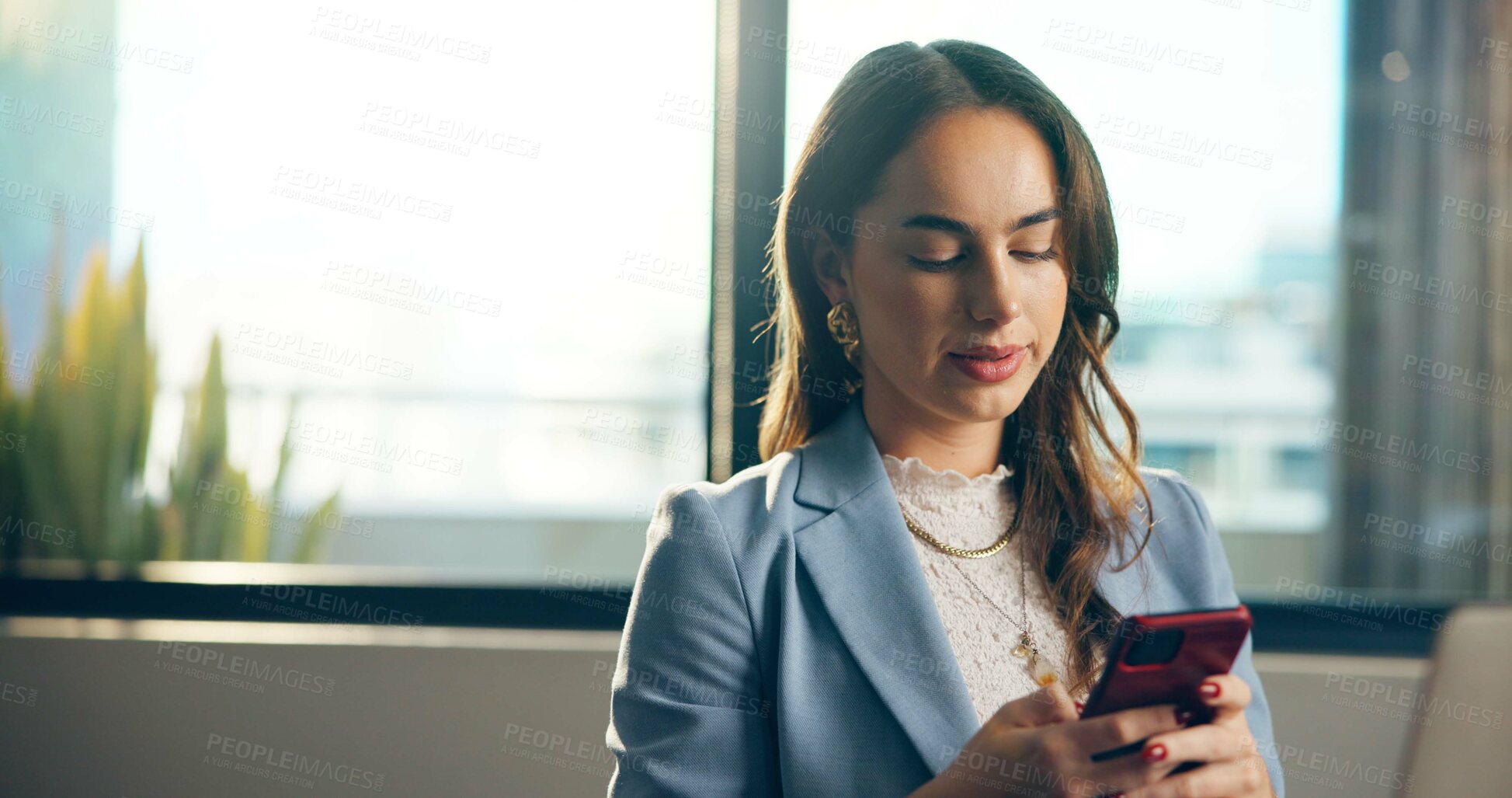 Buy stock photo Phone, typing and businesswoman in office with networking, communication or contact for finance. Corporate, technology and female financial advisor with cellphone for email on mobile app in workplace
