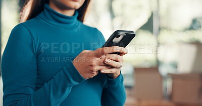 Buy stock photo Cellphone, hands and woman in home with networking, communication or chatting on mobile app. Technology, typing and female person with phone for email, texting and social media online in apartment.