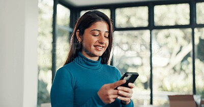 Buy stock photo Browsing, online and woman with smartphone, home or reading message on social media in lounge or web. Happy, person and texting with mobile, communication and chat with contact, networking and house