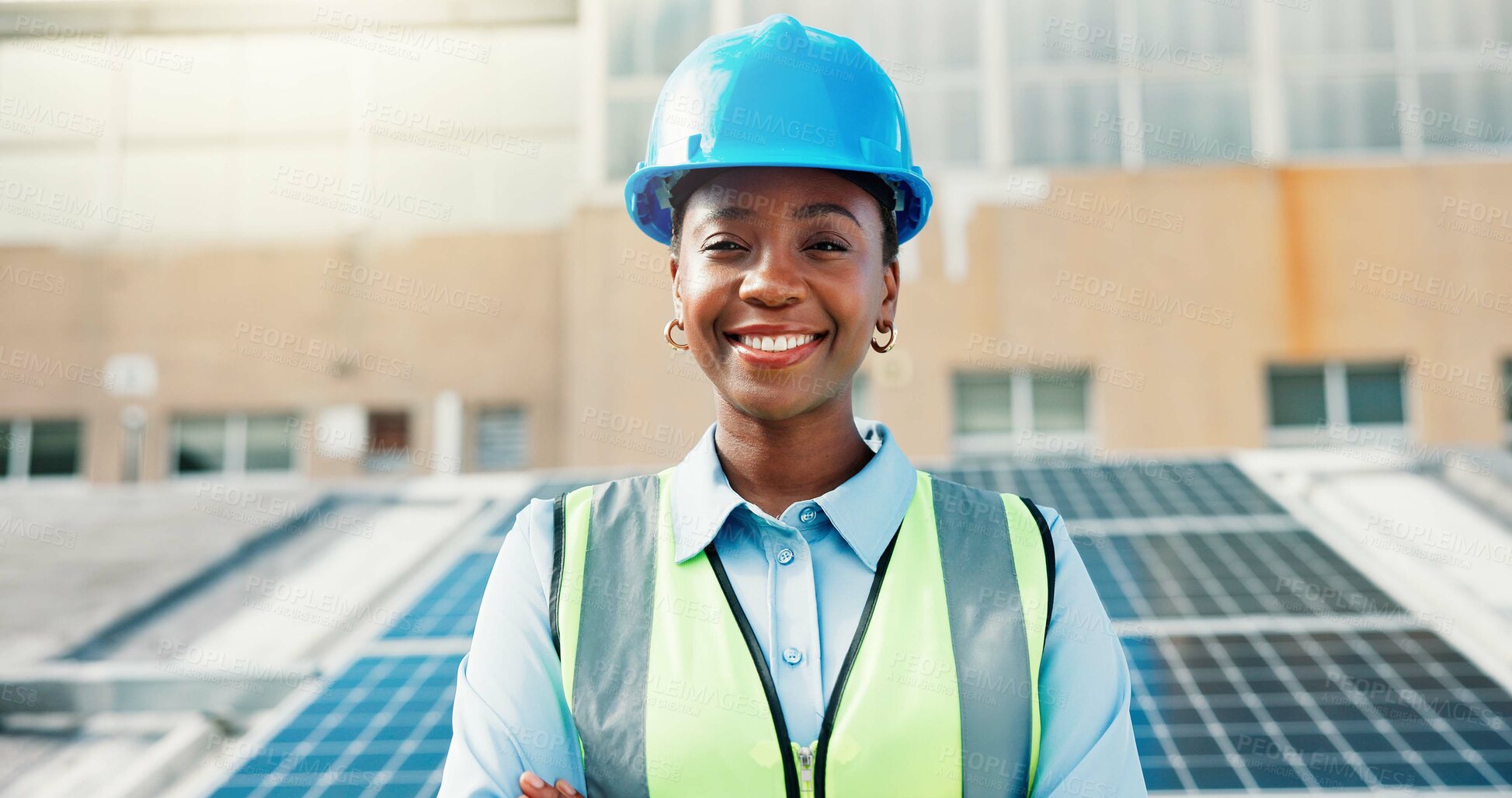 Buy stock photo Solar panel, black woman and portrait of engineer on roof in city for clean energy. Photovoltaic, smile and confident technician with renewable power, sustainable electricity and affirmative action