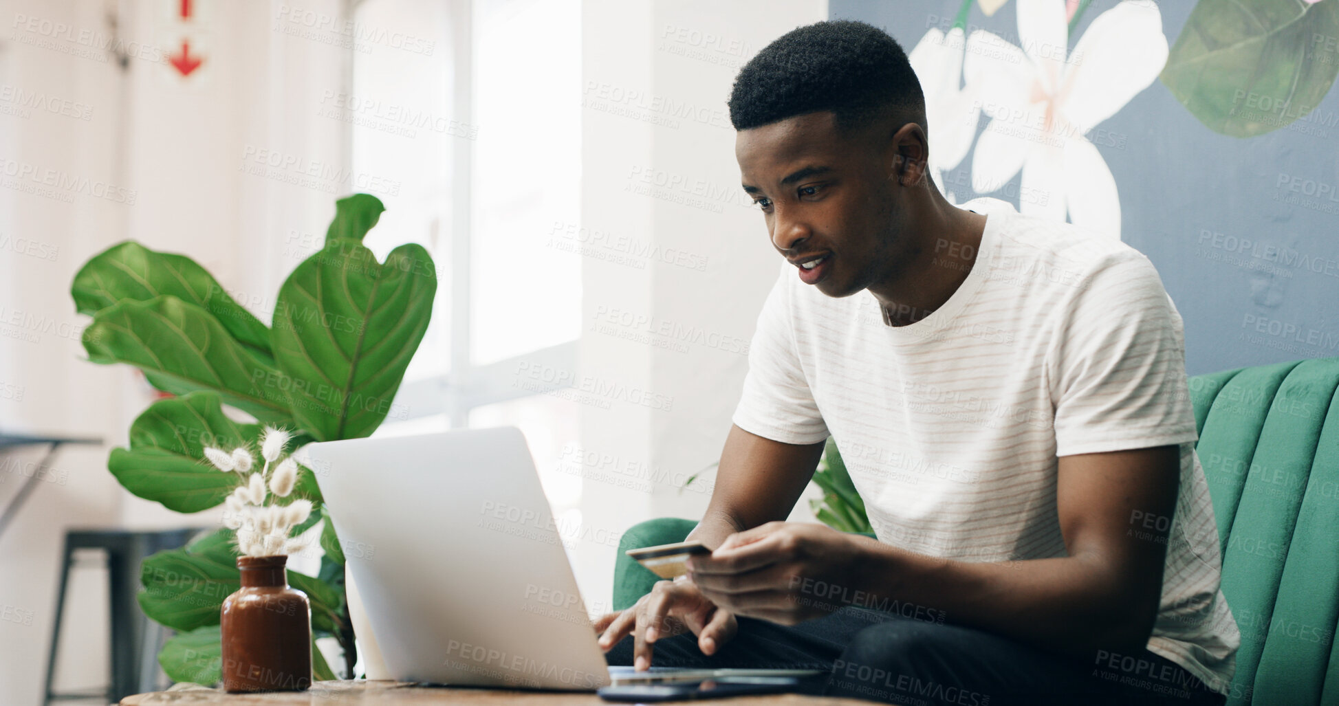 Buy stock photo Credit card, online shopping and man with laptop, cafe and browsing on website for purchase or sale. Happy, customer and black person with tech for digital payment, scroll and searching for discount