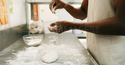 Buy stock photo Chef, hands and flour in bakery with dough for baking bread, cooking food and restaurant cuisine. Person, powder and ingredients in kitchen with catering, meal prep and gluten free sourdough recipe.