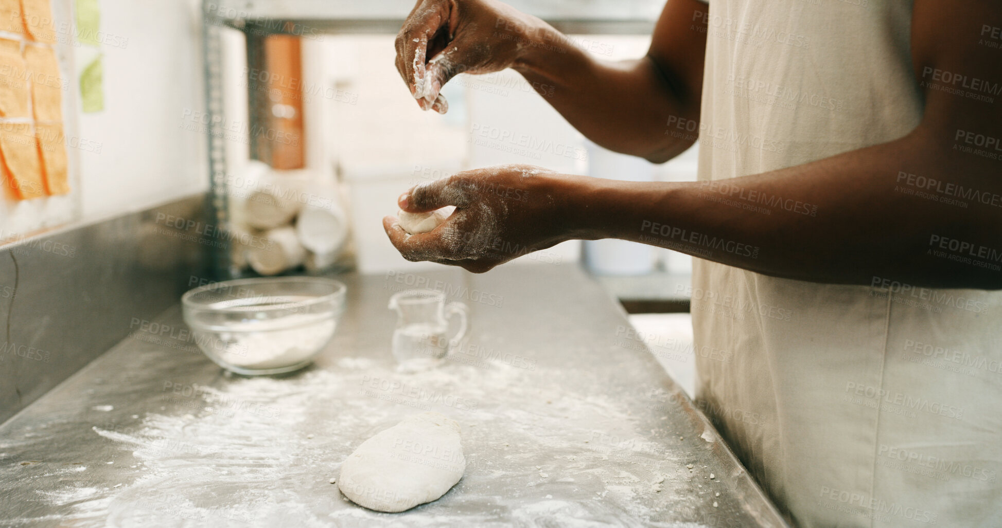 Buy stock photo Chef, hands and flour in bakery with dough for baking bread, cooking food and restaurant cuisine. Person, powder and ingredients in kitchen with catering, meal prep and gluten free sourdough recipe.