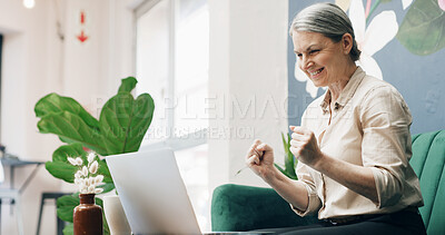 Buy stock photo Office, lounge and woman with laptop, excited and reading positive review for design on web or email. Creative, graphic designer or mature person with tech for feedback, online and happy with success