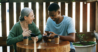 Buy stock photo Coffee shop, manager or employee laughing with phone, funny reviews or online comments for restaurant. Happiness, positive feedback and people with mobile app in cafe, reading website or social media