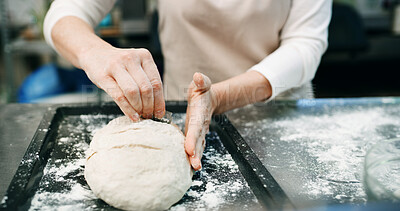 Buy stock photo Hands, score dough or bread in bakery with blade for cooking food, restaurant cuisine or hospitality. Person, knife or ingredients in kitchen for catering, meal prep and gluten free sourdough recipe.