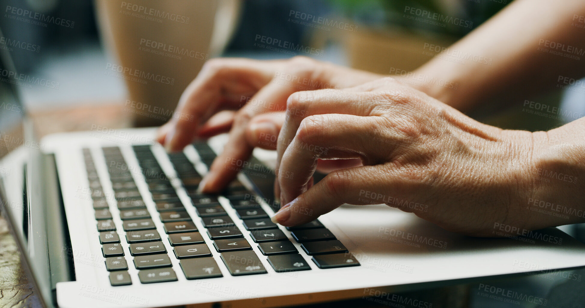 Buy stock photo Hands, typing and creative with laptop, office and reporter with article on website and publication. Research, online and person with tech for story, journalism and project with keyboard in newsroom