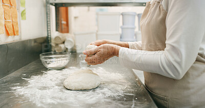 Buy stock photo Baker, hands or kneading dough in kitchen for bread, cooking food and restaurant cuisine. Person, powder or ingredients in bakery with hospitality catering, meal prep or gluten free sourdough recipe.