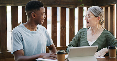 Buy stock photo Tablet, coffee and business people in cafe with discussion for creative project with plan. Collaboration, cappuccino and magazine editor with manager for article publishing with digital technology.