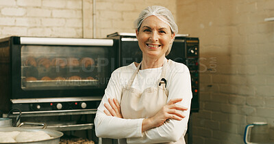 Buy stock photo Woman, happy and arms crossed for portrait at bakery, oven and confident with dough for pastry at shop. Person, baker and small business owner with bread, smile or kitchen at store in Germany