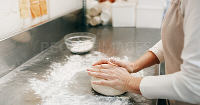 Buy stock photo Kneading, dough and hands of baker in kitchen for bread, cooking and mixing flour. Bakery, ingredient and restaurant with person baking in cafe for wheat pizza base, coffee shop and culinary process