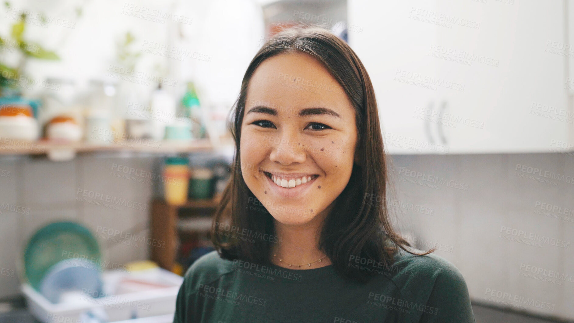 Buy stock photo Chores, portrait and smile of woman in kitchen of home for cleaning responsibilities or routine. Housework, hygiene and maintenance with happy Asian person in apartment for housekeeping duties