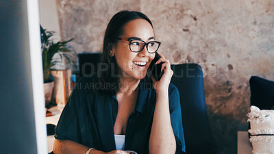 Buy stock photo Happy, remote work and woman on a phone call in home for virtual assistance, admin planner and contact. Freelancer, talking and person on smartphone for chat, online consulting and conversation