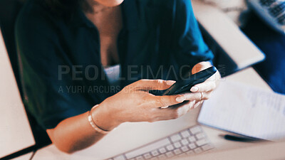 Buy stock photo Above, hands of woman in home office with phone, online communication or research scroll in remote work. Digital, WFH and freelancer in house with tech, planning or schedule update in task management