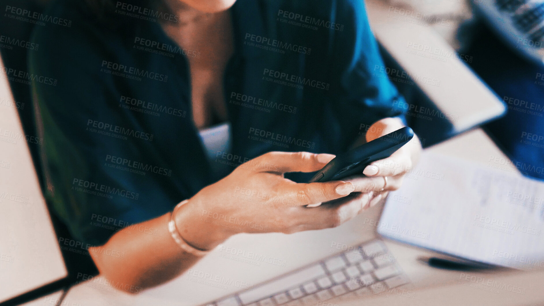 Buy stock photo Above, hands of woman in home office with phone, online communication or research scroll in remote work. Digital, WFH and freelancer in house with tech, planning or schedule update in task management