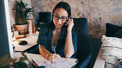 Buy stock photo Phone call, writing and woman with notes for remote work with agenda, admin planner and contact. Freelancer, virtual assistant and person on smartphone for talking, online consulting and reminder