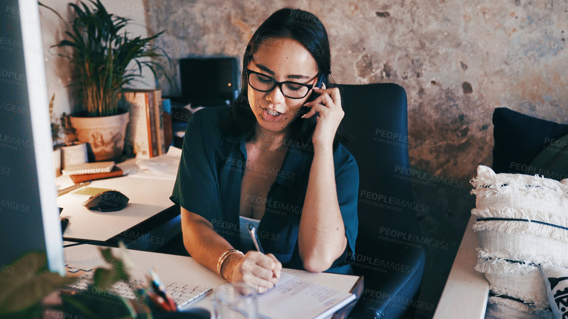 Buy stock photo Phone call, writing and woman with notes for remote work with agenda, admin planner and contact. Freelancer, virtual assistant and person on smartphone for talking, online consulting and reminder