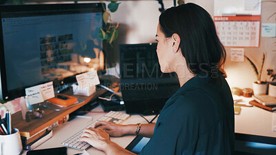 Buy stock photo Remote work, editing and woman in home office with monitor, online research and review on brand design. Creative, WFH and graphic designer at desk with tech, digital and logo art analysis for project