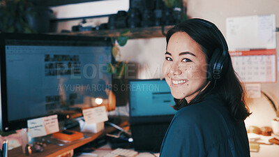 Buy stock photo Headphones, computer and portrait of businesswoman in office with listening to music, podcast or radio. Happy, desktop and Asian female creative editor with audio tech for streaming playlist online.