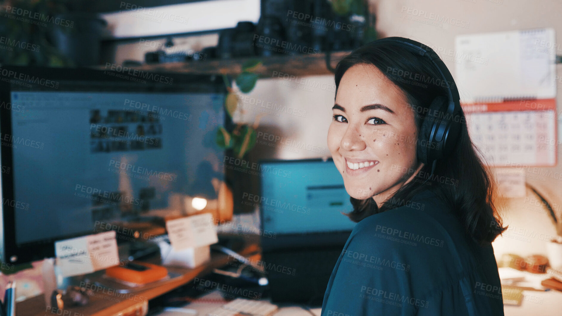 Buy stock photo Headphones, computer and portrait of businesswoman in office with listening to music, podcast or radio. Happy, desktop and Asian female creative editor with audio tech for streaming playlist online.