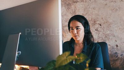 Buy stock photo Remote work, headphones and woman on computer in home for copywriting, article review and editing. Creative, freelancer and person with music, audio and sound for research, website content or report