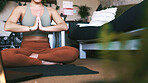 Woman, hands or yoga with namaste for meditation, inner peace or spiritual healing on floor in home. Female person, yogi and chakra with mudra or mantra for awareness, health and wellness in house