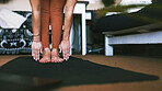 Stretching, yoga and feet with woman in home for balance, posture workout and health. Wellness, pilates exercise and relax with person in living room of house for zen, self care and holistic habit