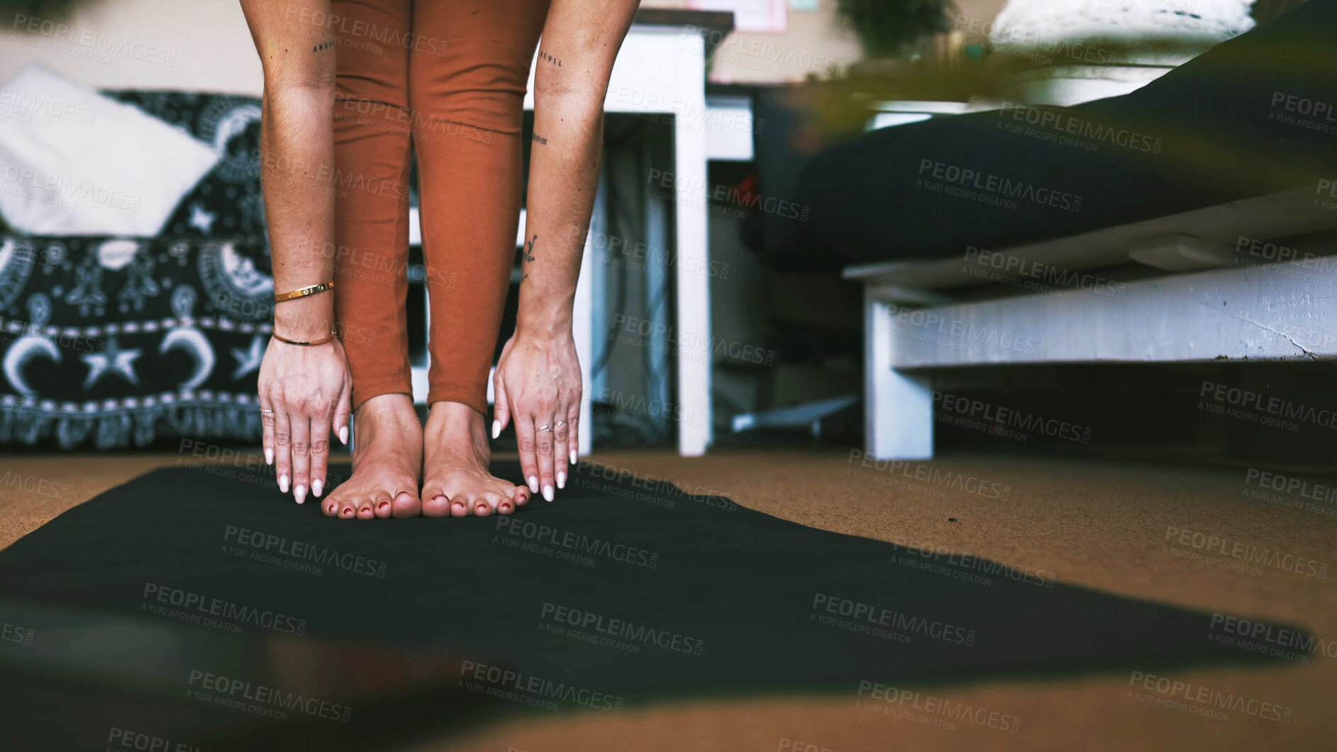 Buy stock photo Stretching, yoga and feet with woman in home for balance, posture workout and health. Wellness, pilates exercise and hands with person in living room of house for zen, self care and holistic habit