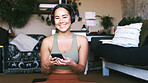 Yoga, headphones and smile with portrait of woman for guided meditation, streaming and wellness podcast. Connection, zen and calm sound with person in home for fitness, radio subscription and phone