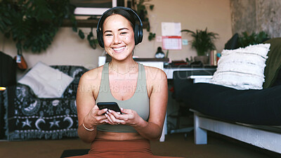 Buy stock photo Yoga, headphones and smile with portrait of woman for guided meditation, streaming and wellness podcast. Connection, zen and calm sound with person in home for fitness, radio subscription and phone