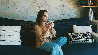 Buy stock photo Coffee, thinking and woman in home on sofa for reflection, thoughtful and wondering. House, relax and person on couch with tea, drink and beverage for daydreaming, nostalgia and calm on weekend