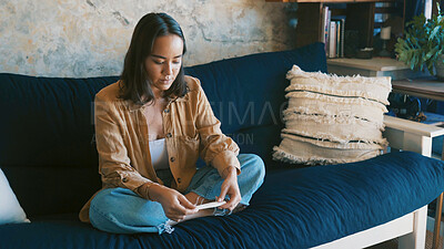 Buy stock photo Pregnancy test, result and woman on couch with reading, maternity or wait in fertility outcome. Health, check and female person in home with medical stick, IVF and motherhood kit expectations.