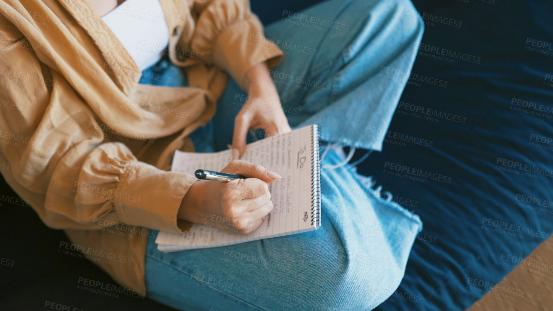 Buy stock photo Creative, writing and hands with journal, sofa and planning for novel in lounge, inspiration or idea. Home, writer and person with notebook for brainstorming, relax and artist with project on couch