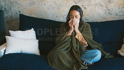 Buy stock photo Blanket, woman and sick with blowing nose on sofa from viral infection, disease and flu recovery. Respiratory illness, person and sneeze in tissue from influenza, nasal congestion and fever in home