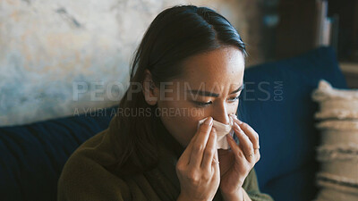 Buy stock photo Cold, woman and sick with sneeze on sofa from viral infection, disease and flu recovery. Respiratory illness, person and blowing nose in tissue with nasal congestion or healing from influenza in home