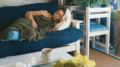 Buy stock photo Home, illness and woman on sofa, stomach pain and menstrual cramps in living room. Apartment, bowel ache and person with virus, resting and ibs with constipation, endometriosis and digestion