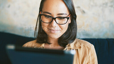 Buy stock photo Happy, woman and creative with tablet, lounge and journalist with article on website and remote work. Online, news and person with tech for freelance project, reporter and planning for story in home