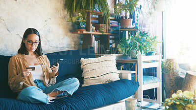 Buy stock photo Credit card, sofa and woman with phone for online shopping, internet banking and website deal. Space, apartment and person with debit info on smartphone for digital purchase, payment and ecommerce