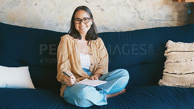 Buy stock photo Creative, portrait and woman with journal, lounge and plan for novel on couch, inspiration and ideas. Home, writer and person with notebook for brainstorming, relax and artist with project on sofa