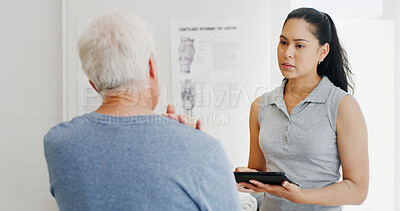 Buy stock photo Woman, physiotherapy and senior man with tablet for wellness, rehabilitation and physical therapy. Healthcare, consulting and person on digital tech with patient for medical service, help or recovery