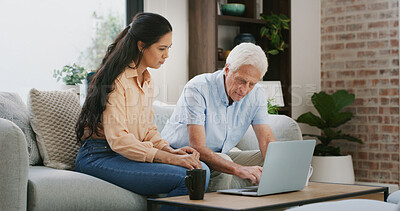 Buy stock photo Laptop, senior father and woman in home for website, assistance or help with online shopping. Computer, daughter and elderly parent in living room for internet purchase, aid and family bonding