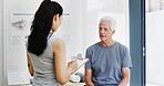 Physiotherapist, clipboard and old man with consultation, appointment and checklist for muscle recovery. Patient info, healthcare and documents with discussion, rehabilitation and medical report