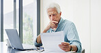 Home, thinking and old man with documents, financial analysis and bills with retirement fund. Pensioner, solution or mature person with paperwork, pc or asset management with insurance policy or debt