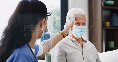 Buy stock photo Healthcare, mask or thermometer with nurse and old man on sofa in home living room for checkup. Appointment, ppe or temperature with caregiver and senior patient in apartment for medical diagnosis