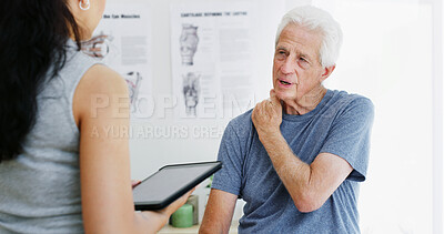 Buy stock photo Shoulder pain, physiotherapy and senior man with tablet for osteoporosis, help or physical therapy. Digital tech, consulting and person with elderly patient for medical support, arthritis or injury