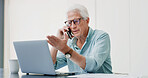 Phone call, laptop and research with old man in home for retirement fund, asset management and credit score. Contact, online banking and pension account report with senior person in apartment